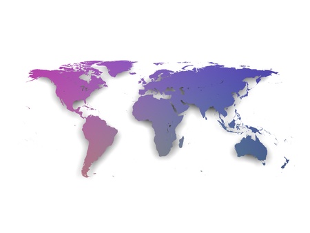 Purple to pink colored world map isolated on white background with soft shadow.の写真素材