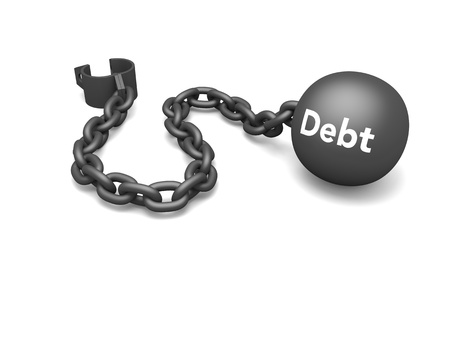Prisoner shackle with word "debt" on the iron ball, concept of escaping debt and dependency on credit. Isolated on white background.の写真素材