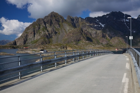 Bridge connecting islands near town of Henningsvaer on Lofoten islands in Norwayの写真素材