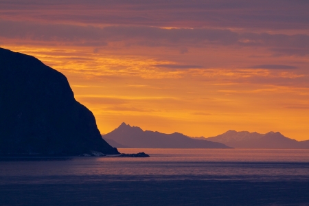 Midnight sun on Lofoten islands in Norway during summer polar dayの写真素材