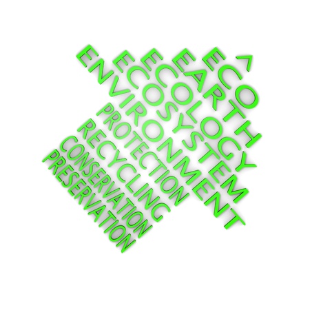 Green arrow made of ecology related words isolated on white backgroundの写真素材