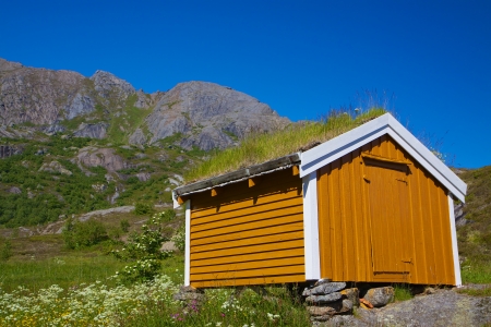 Picturesque yellow shed with green roof on Lofoten islands in Norwayのeditorial素材
