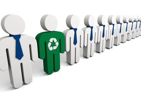 Concept of eco activist. Illustration of green person in row of office people.の写真素材