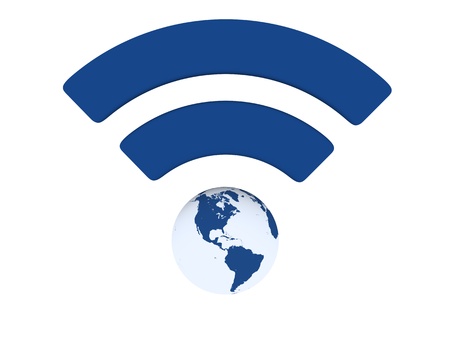 Blue WiFi symbol with planet Earth isolated on white background. 