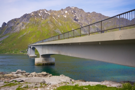 Long concrete bridge connecting Lofoten islands in Norwayの写真素材