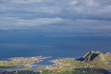 Scenic norwegian fishing town of Sorland on island Vaeroy, Lofoten islandsの写真素材