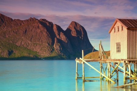 Old fishing port by the fjord on Lofoten islands in Norwayのeditorial素材