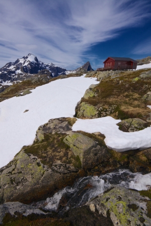 Picturesque norwegian mountain cabin on Lofoten islands in Norway during summerのeditorial素材