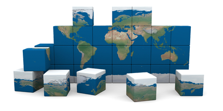World map made of cubes falling apart isolated on white background. の写真素材