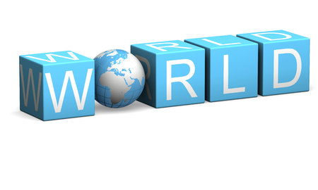 Blue world sign made of cubes and planet isolated on white backgroundの写真素材