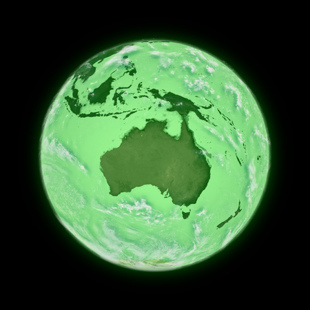 Australia on green planet Earth isolated on black background. Highly detailed planet surface. Elements of this image furnished by NASA.の写真素材