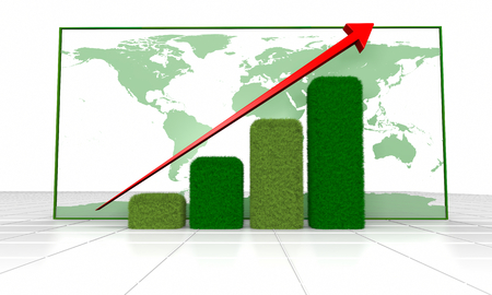 Green grassy growth chart with world map in the background. Elements of this image furnished by NASA.の写真素材
