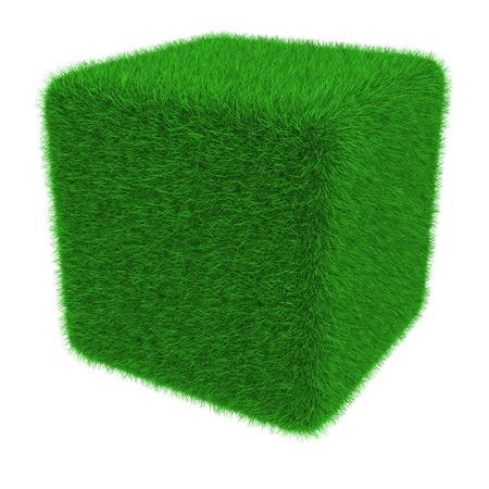 Cube object covered with grass isolated on white backgroundの写真素材