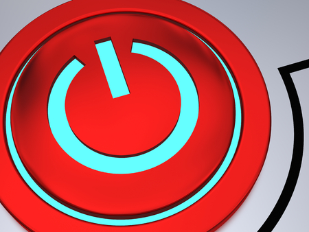 Red on-off button illustration with glowing blue lightの写真素材