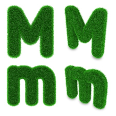 Letter M covered by green grass isolated on white backgroundの写真素材