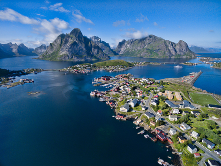 Aerial view of fishing village Reine on Lofoten islands, Norwayの写真素材