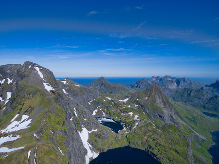 Aerial view of highest peaks on Lofoten islands in Norwayの写真素材