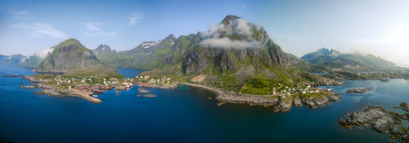 Scenic panorama of traditional fishing village A on Lofoten islands in Norwayの写真素材