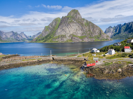 Picturesque aerial view of fishing port Reine on Lofoten islands in Norwayの写真素材