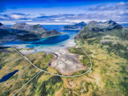 Aerial view of scenic road around fjord on Lofoten islands in Norwayの写真素材