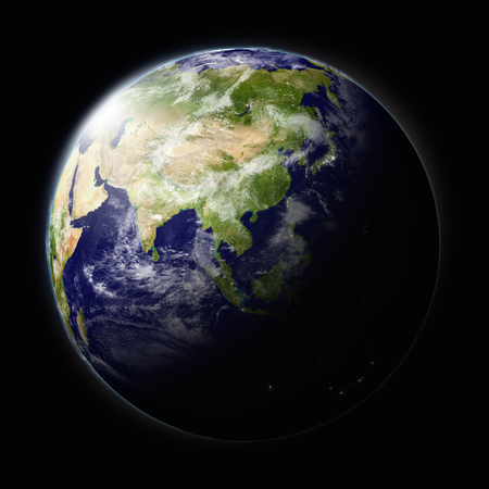 Realistic illustration of planet Earth as seen from space facing southeast Asia regionの写真素材