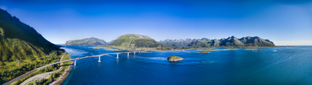 Aerial panorama of huge bridge in Norway on Lofoten islands, best roadtrip in the worldの写真素材