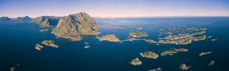 Breathtaking aerial panorama of fishing town Henningsvaer on Lofoten islands, popular tourist destination in Norwayの写真素材