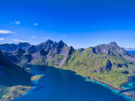 Fjords on beautiful Lofoten islands in Norway, aerial panoramaの写真素材