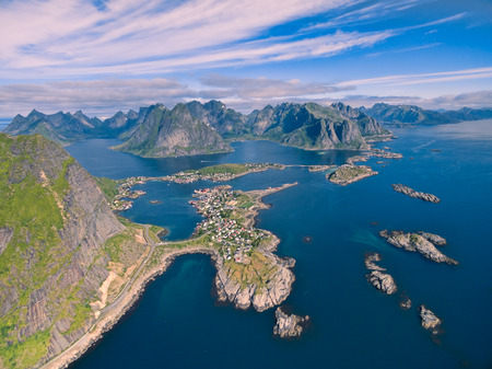 Scenic aerial view of Reine, fishing village on Lofoten islands in Norwayの写真素材