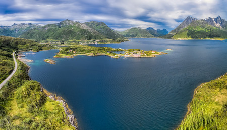 Picturesque fjord around Sildpollnes Church on Lofoten islands in Norway, aerial panoramaの写真素材