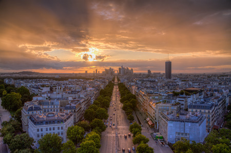 Breathtaking Susnet over La Defense in Paris, France, viewed from the top of Victory Archのeditorial素材