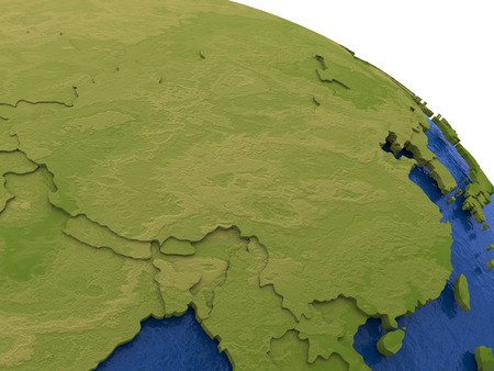 China on detailed model of planet Earth with visible country borders on green land and waves on the ocean waters.の写真素材