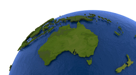 Australia on detailed model of planet Earth with visible country borders on green land and waves on the ocean waters.の写真素材