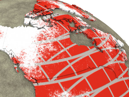 Canada on brick wall model of planet Earth with continents made of red bricks and oceans of wet concrete. 3D rendering.の写真素材