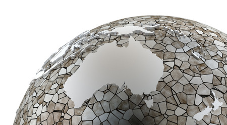 Australia on metallic model of planet Earth. Shiny steel continents with embossed countries and oceans made of steel plates. 3D rendering.の写真素材