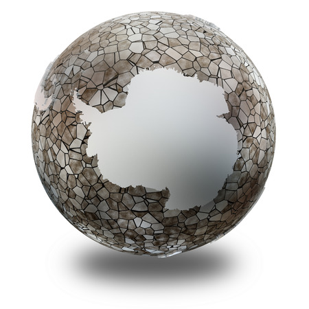Antarctica on metallic model of planet Earth. Shiny steel continents with embossed countries and oceans made of steel plates. 3D illustration isolated on white background with shadow.の写真素材