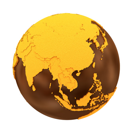 Southeast Asia on chocolate model of planet Earth. Sweet crusty continents with embossed countries and oceans made of dark chocolate. 3D illustration isolated on white background.の写真素材