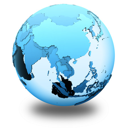 Southeast Asia on translucent model of planet Earth with visible continents blue shaded countries. 3D illustration isolated on white background with shadow.の写真素材