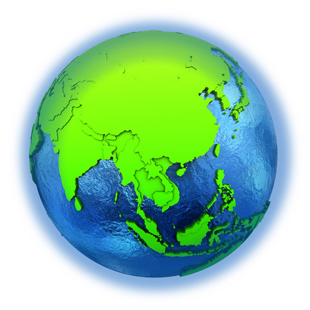 Southeast Asia on elegant green 3D model of planet Earth with realistic watery blue ocean and green continents with visible country borders. 3D illustration isolated on white background.の写真素材
