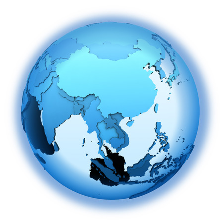 Southeast Asia on translucent model of planet Earth with visible continents blue shaded countries. 3D illustration isolated on white background.の写真素材