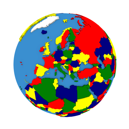 Europe on political 3D model of Earth with embossed continents and countries in various colors. 3D illustration isolated on white background.の写真素材