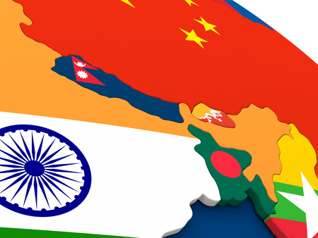 Map of Nepal and Bhutan on globe with embedded flags of countries. 3D illustration.の写真素材