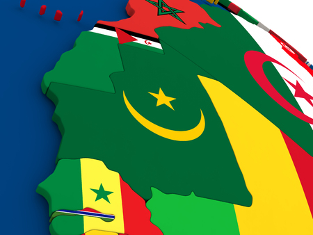 Map of Mauritania on globe with embedded flags of countries. 3D illustration.の写真素材