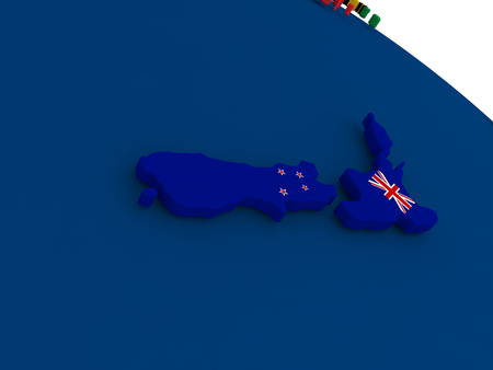 Map of New Zealand on globe with embedded flags of countries. 3D illustration.の写真素材