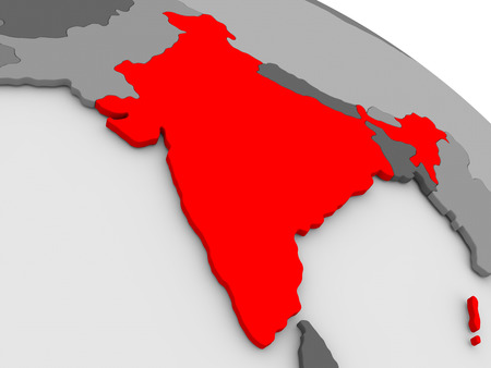 India highlighted in red on model of globe. 3D illustrationの写真素材