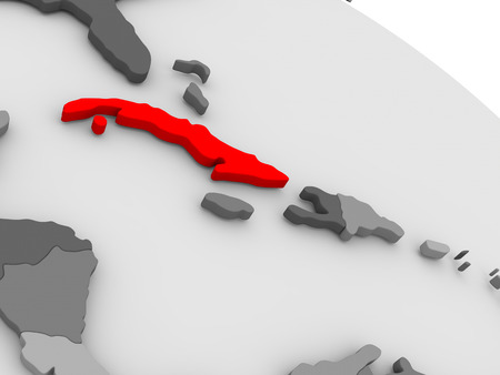 Cuba highlighted in red on model of globe. 3D illustrationの写真素材