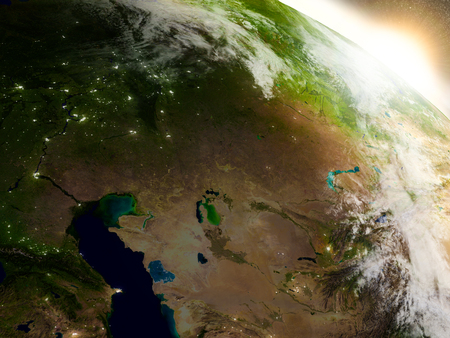 Kazakhstan region from Earth's orbit in space during sunrise. 3D illustration with highly detailed realistic planet surface.の写真素材