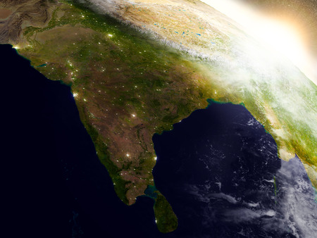 India region from Earth's orbit in space during sunrise. 3D illustration with highly detailed realistic planet surface.の写真素材