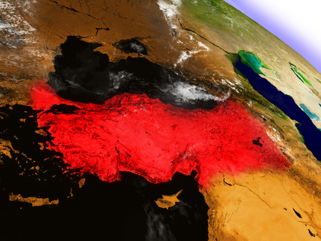 Turkey highlighted in red as seen from Earth's orbit in space. 3D illustration with highly detailed planet surface.の写真素材
