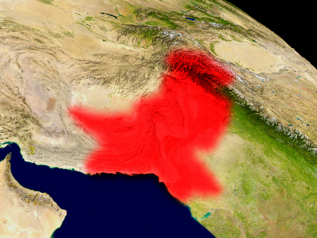 Pakistan from space in red. 3D illustration with highly detailed realistic planet surface.の写真素材